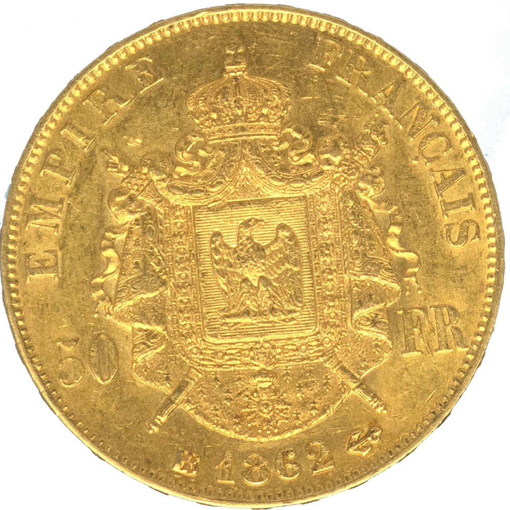Pièce de monnaie : Second-Empire-50 Francs Napoléon III Tête laurée 1862 Strasbourg