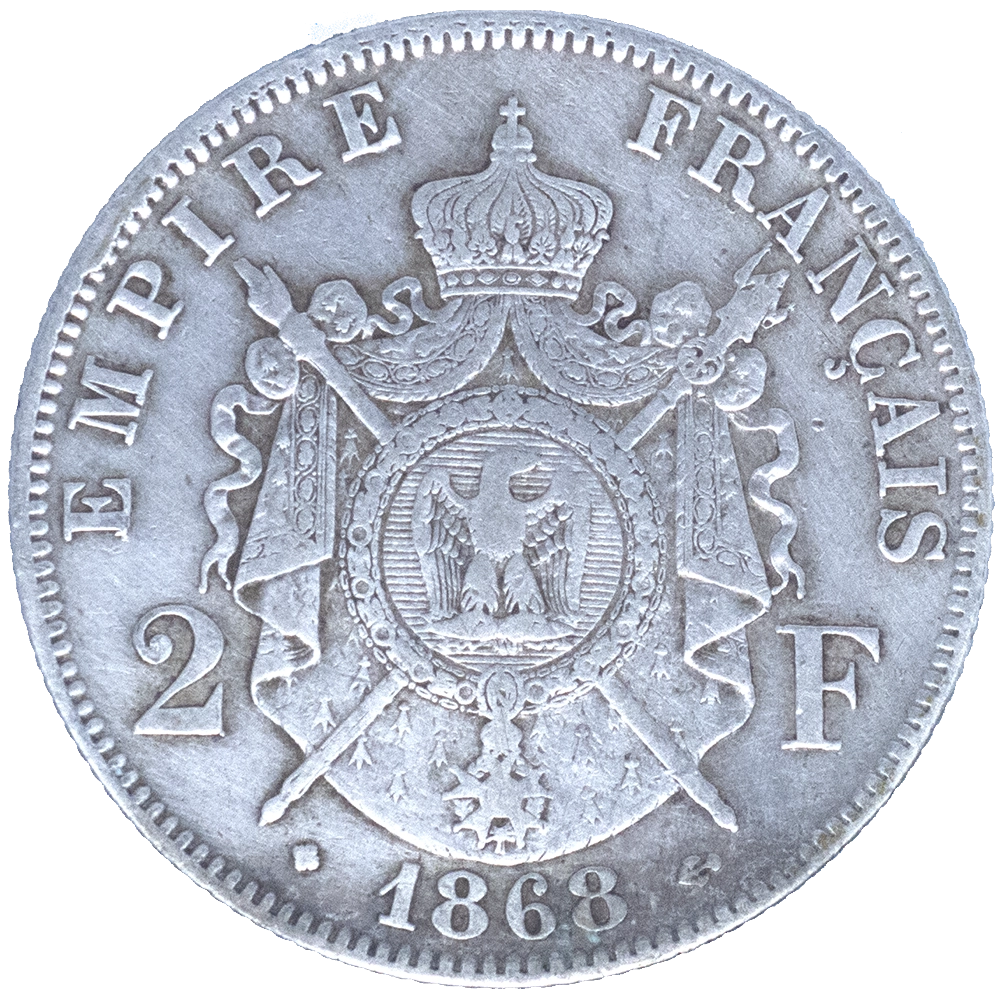 Pièce de monnaie : Second-Empire-2 Francs Napoléon III tête laurée 1868 Strasbourg