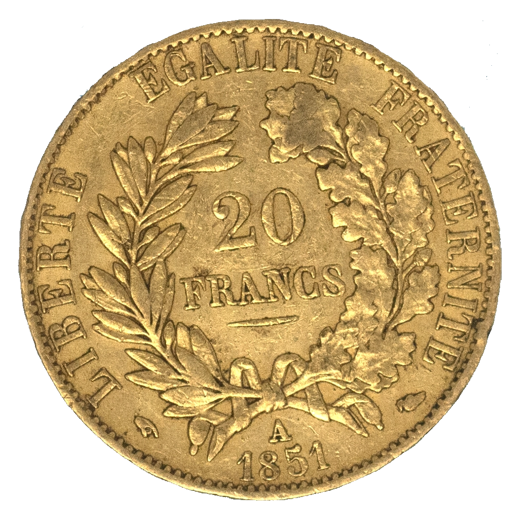 Pièce de monnaie : Seconde République 20 Francs Cérès 1851 Paris