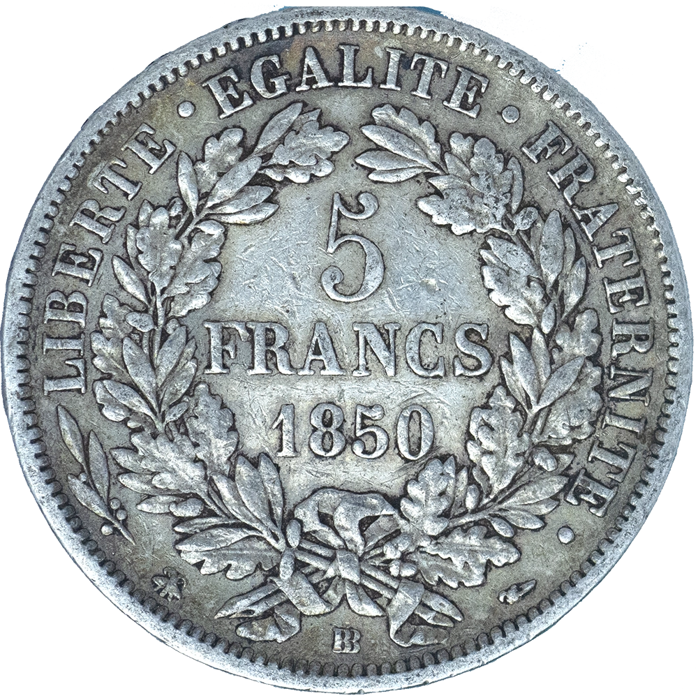 Pièce de monnaie : Troisième République-5 Francs Cérès 1850 Strasbourg