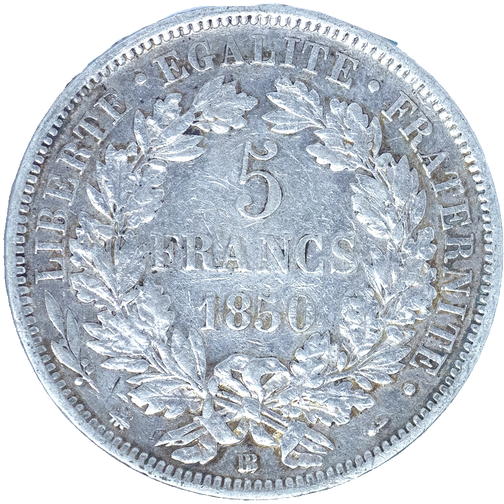Pièce de monnaie : Deuxième République-5 Francs Cérès 1850 Strasbourg