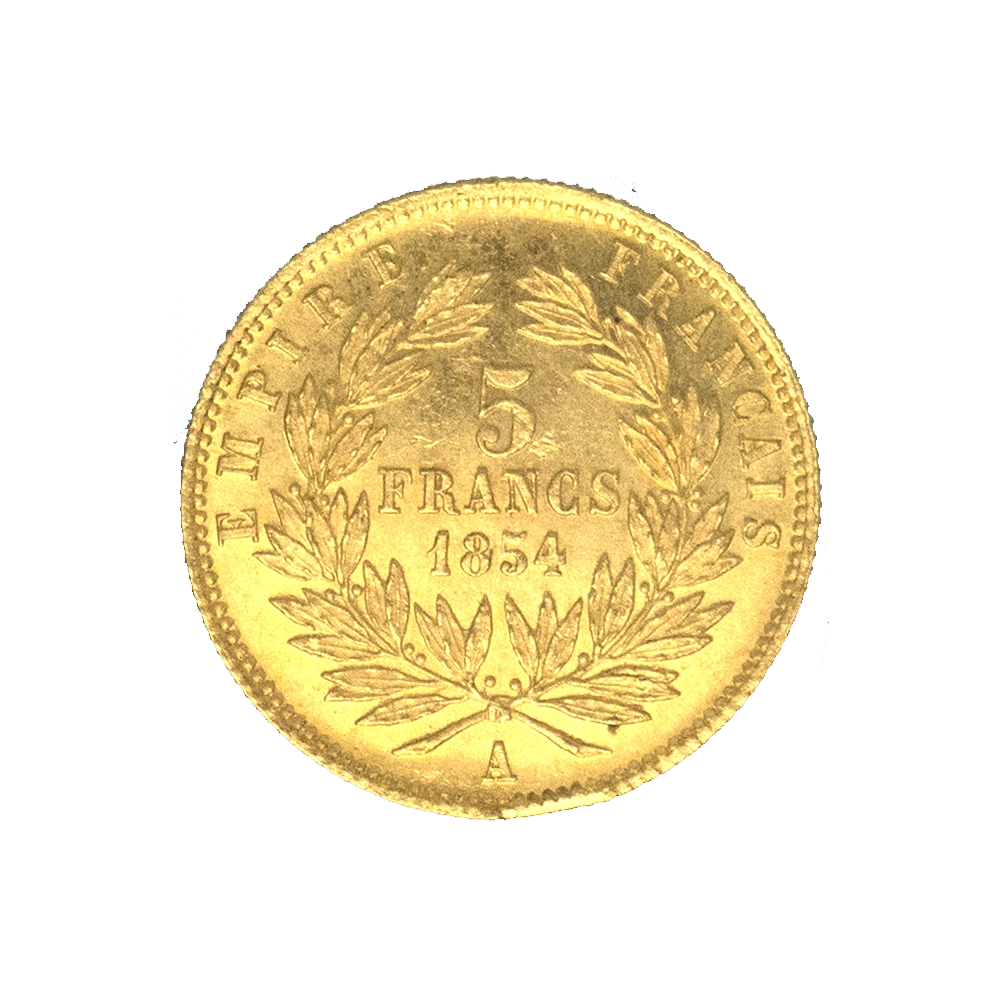 Pièce de monnaie : Second-Empire-5 francs or Napoléon III tranche lisse petit module 1854 Paris
