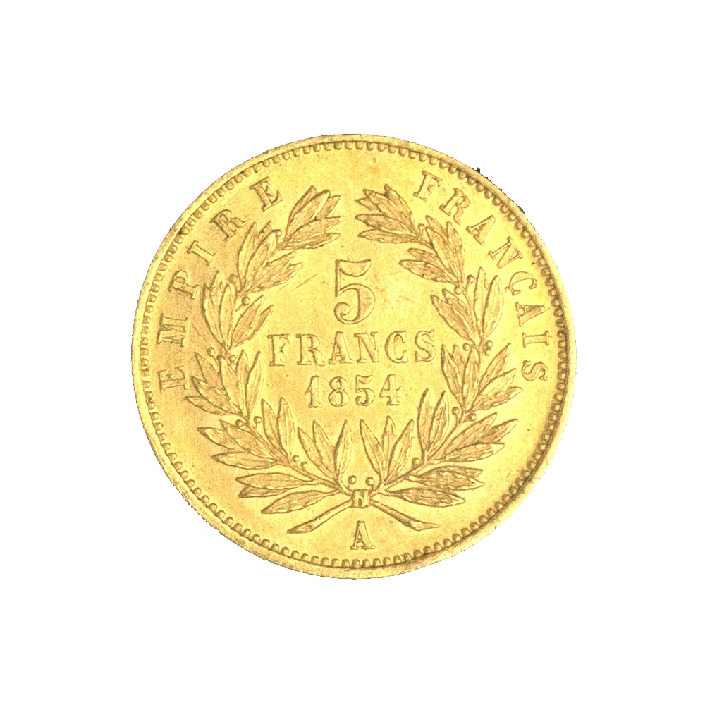 Pièce de monnaie : Second-Empire-5 francs or Napoléon III tranche striée petit module 1854 Paris