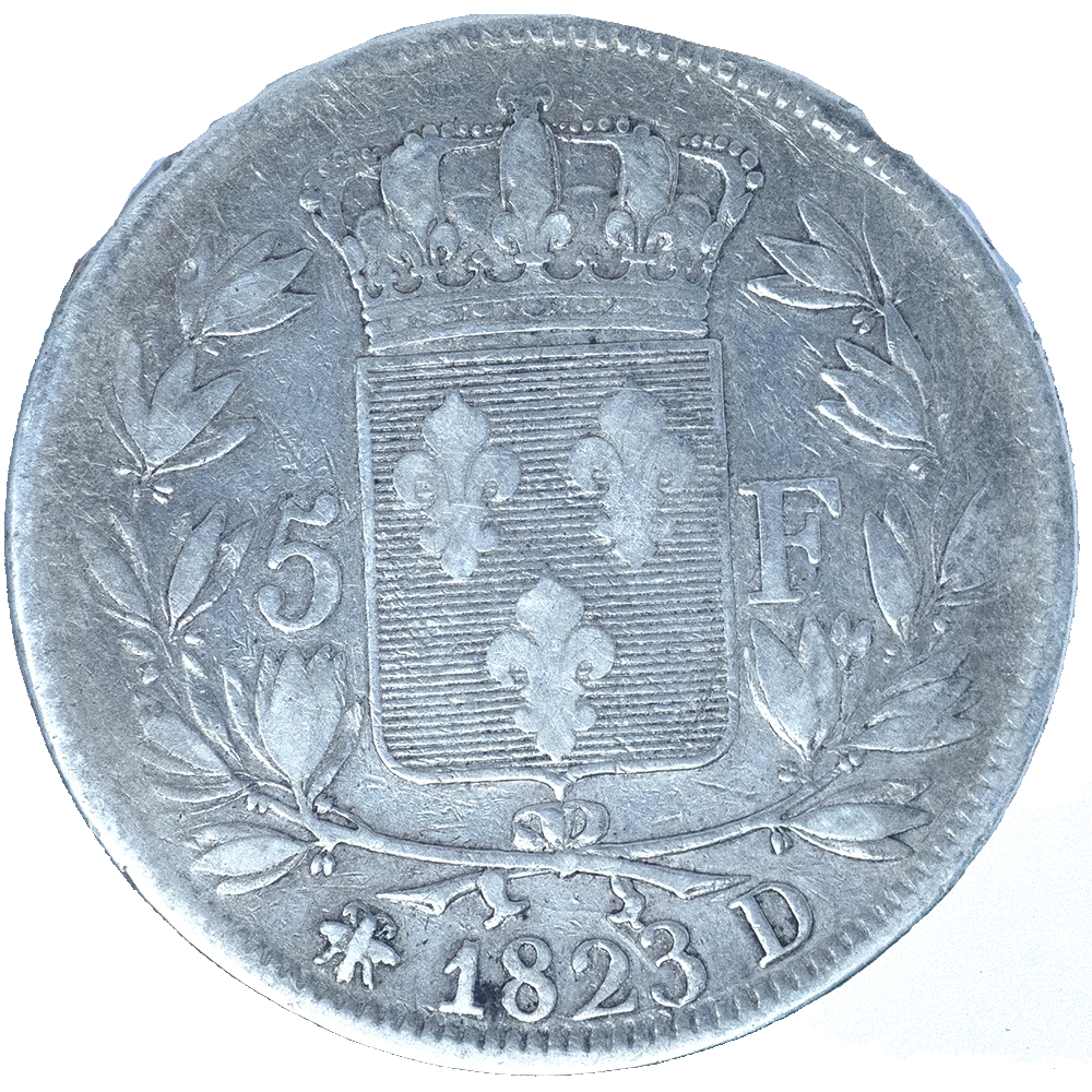 Pièce de monnaie : Louis XVIII-5 Francs 1823 Lyon