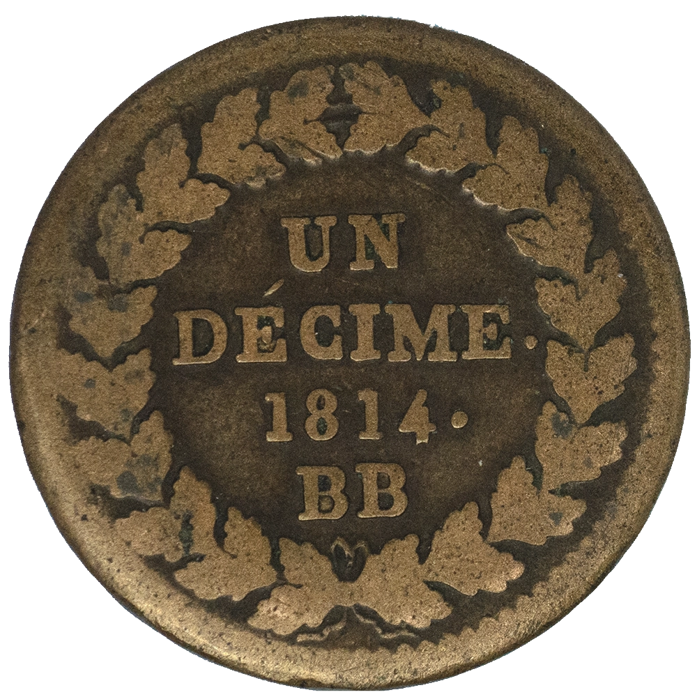 Pièce de monnaie : Un décime à l’N couronnée 1814 Strasbourg
