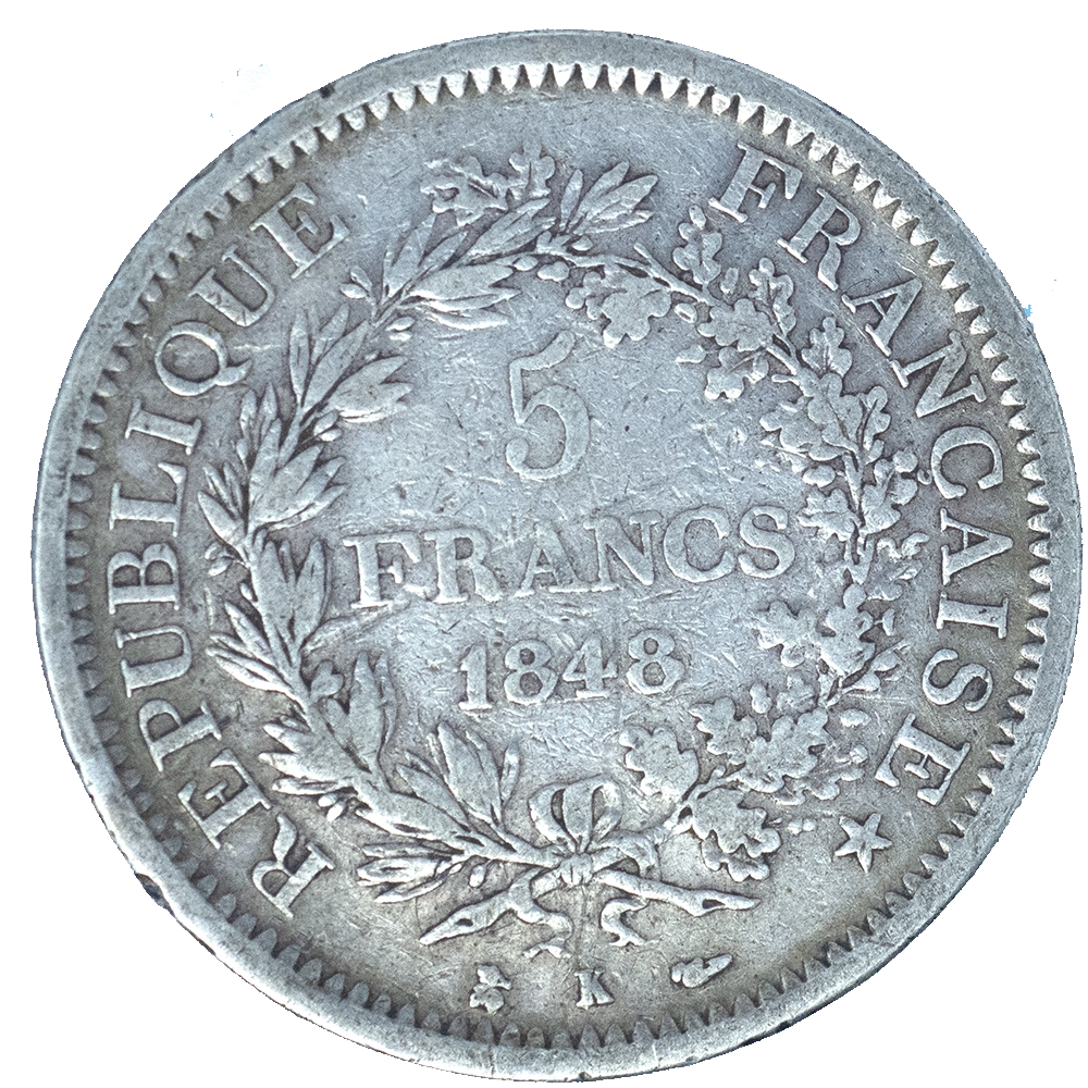 Pièce de monnaie : Seconde-République-5 Francs Hercule-1848 Bordeaux