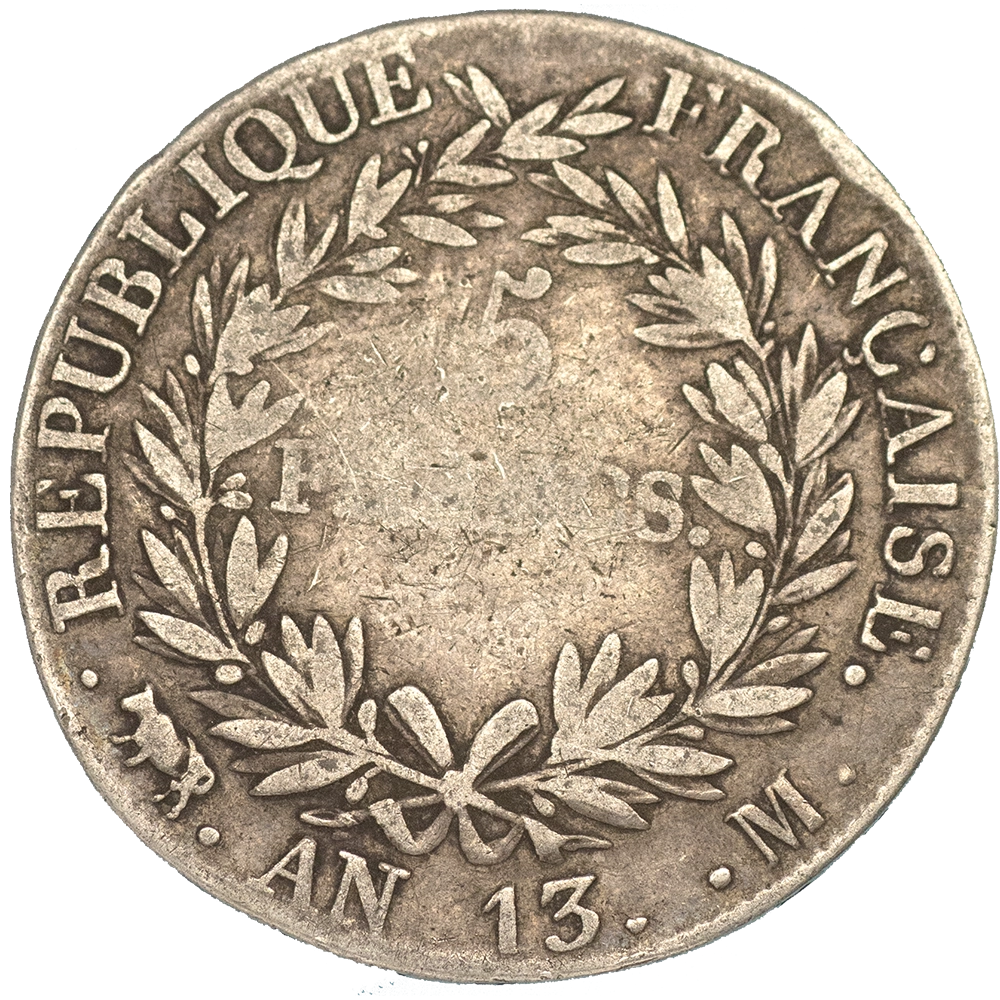 Pièce de monnaie : Premier-Empire Napoléon Ier-5 Francs l'an 13 (1804) Toulouse