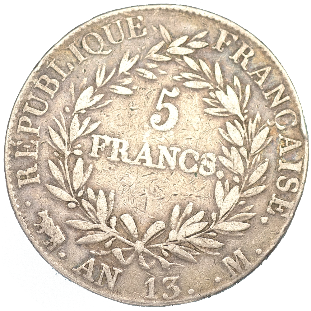 Pièce de monnaie : Premier-Empire Napoléon Ier-5 Francs l'an 13 (1804) Toulouse