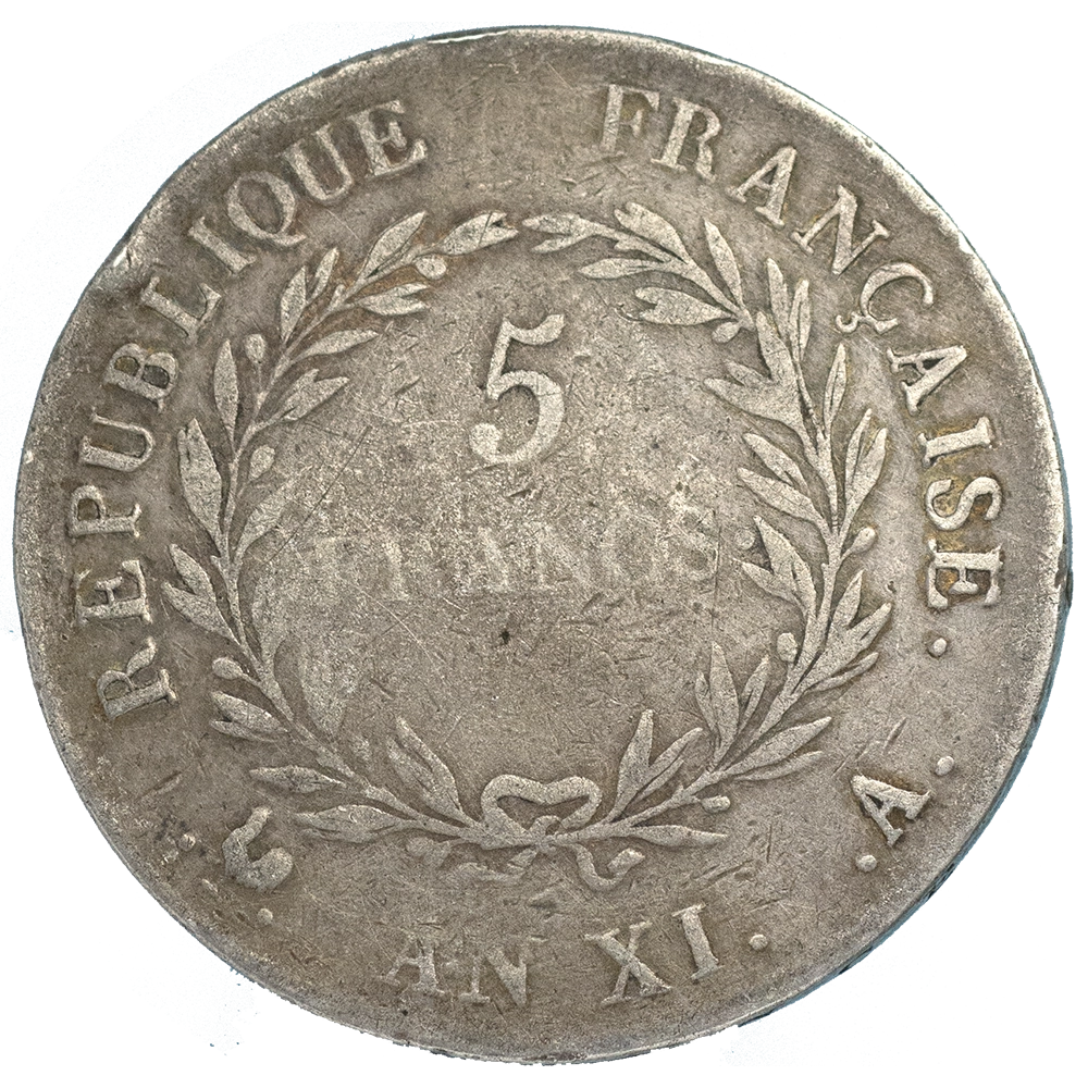 Pièce de monnaie : Consulat-Bonaparte Premier Consul-5 Francs an 11 (1803) Paris