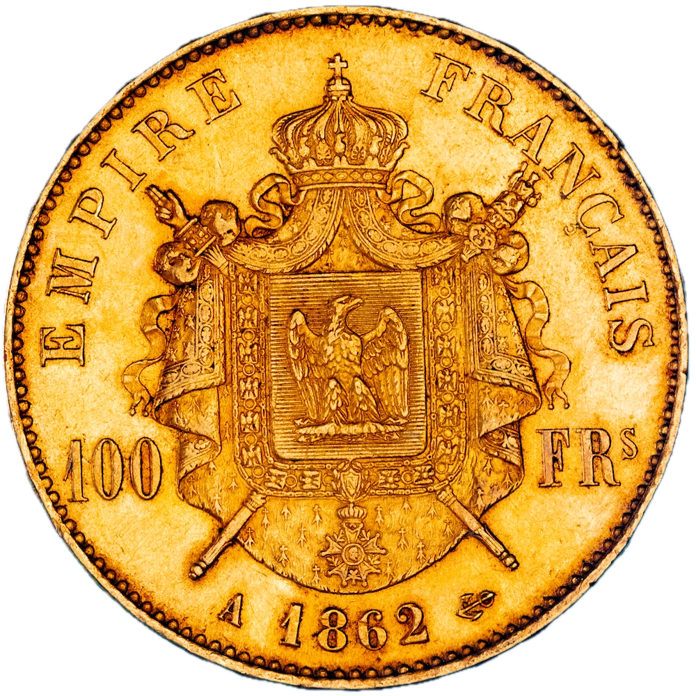 Pièce de monnaie : Second-Empire-100 Francs Napoléon III tête laurée 1862 Paris