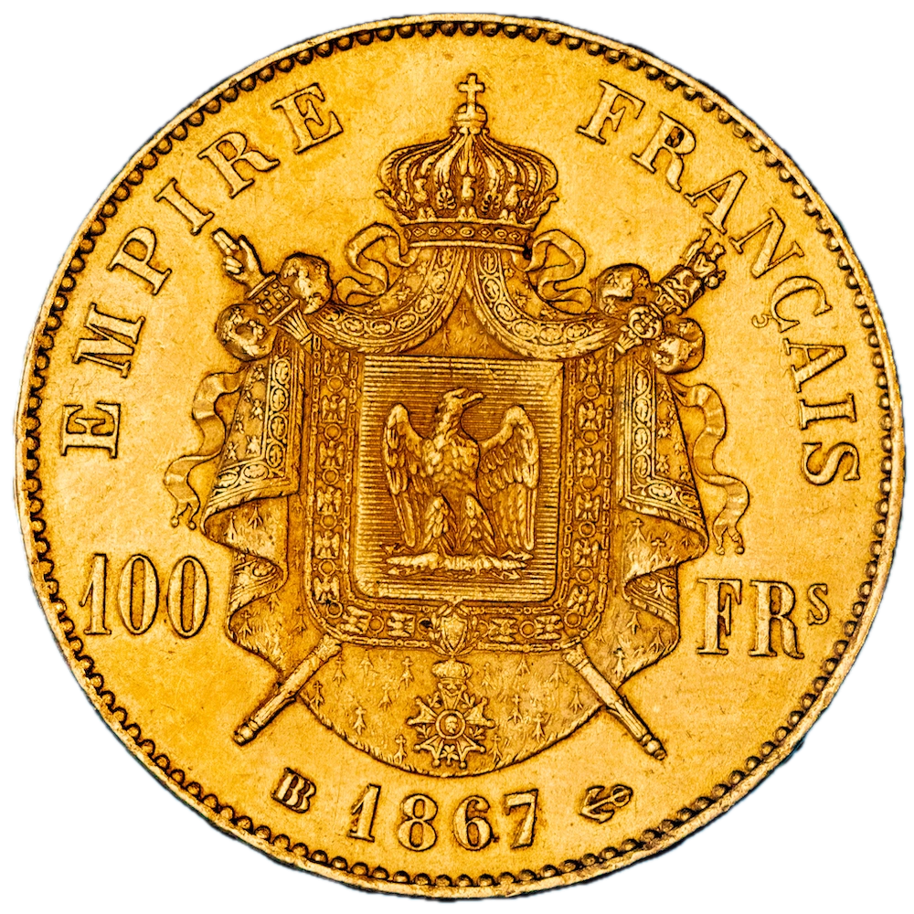 Pièce de monnaie : Second-Empire-100 Francs Napoléon III tête laurée 1867 Strasbourg