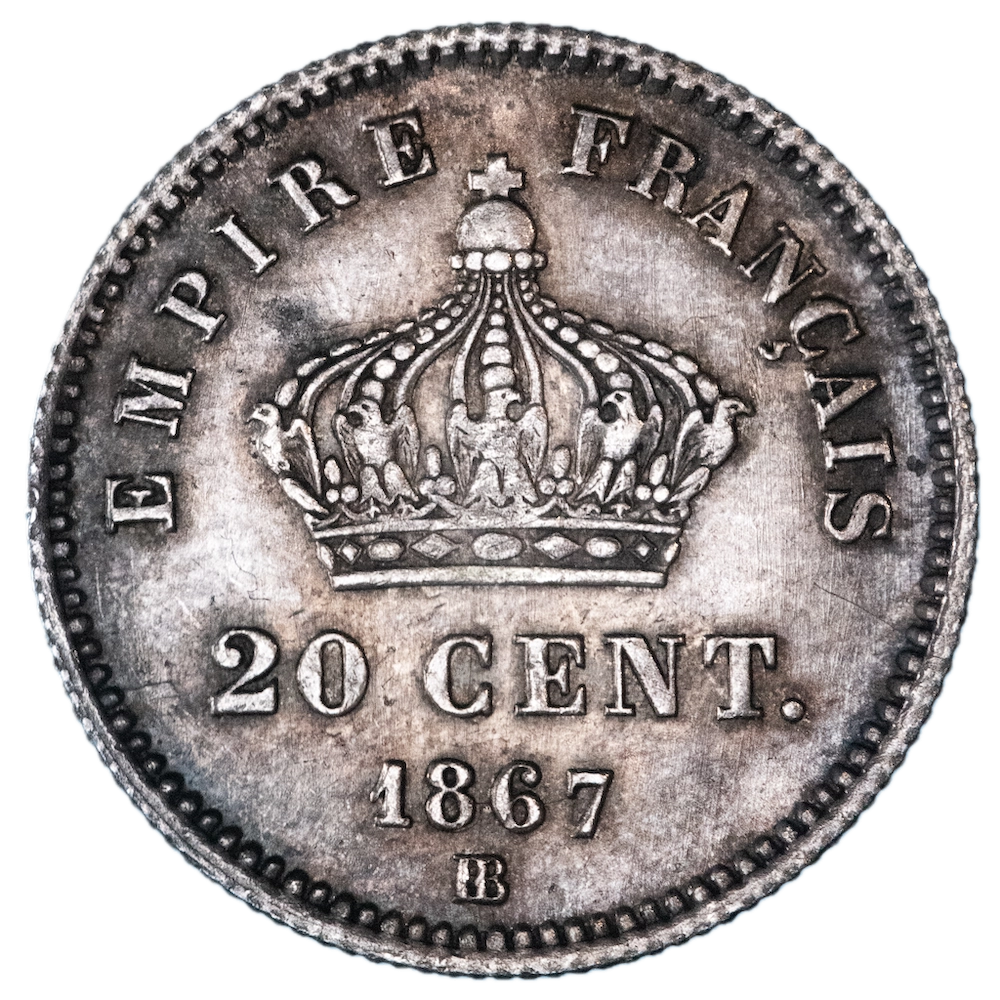 Pièce de monnaie : Second-Empire-Napoléon III tête laurée 20 centimes 1867 Strasbourg