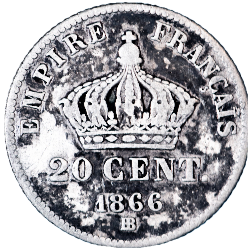 Pièce de monnaie : Second-Empire-Napoléon III tête laurée 20 centimes 1866 Strasbourg