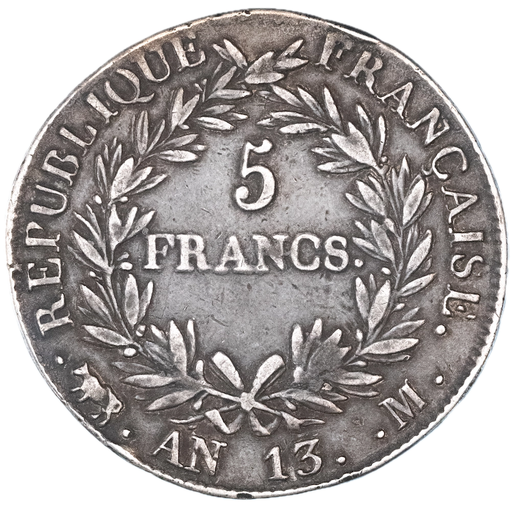 Pièce de monnaie : Premier-Empire Napoléon Ier-5 Francs l'an 13 (1804) Toulouse