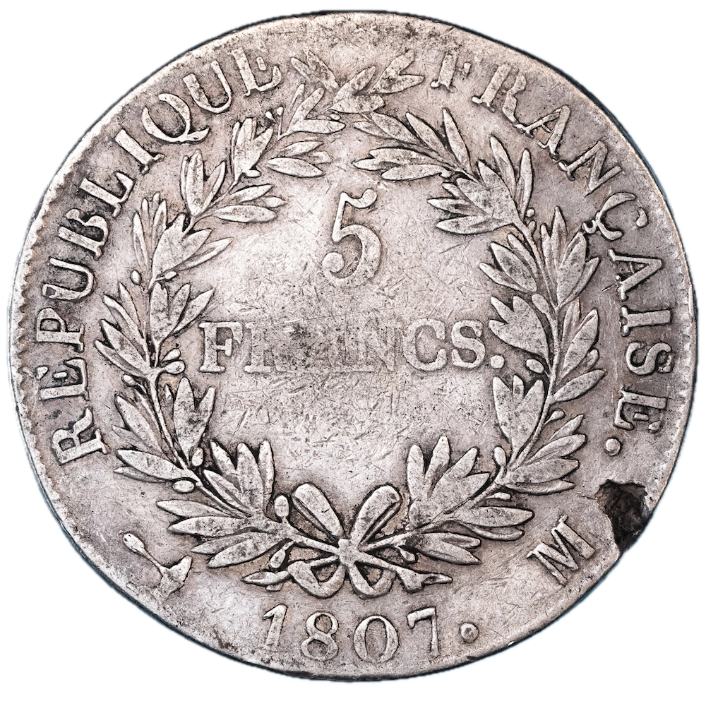 Pièce de monnaie : Premier-Empire-Napoléon Ier-5 francs 1807 Toulouse