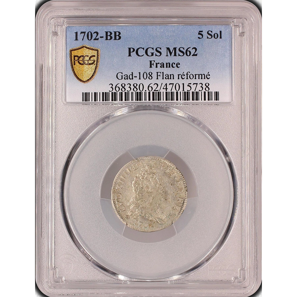 Pièce de monnaie gradée PCSG MS62-LOUIS XIV-5 sols aux insignes 1702 Strasbourg