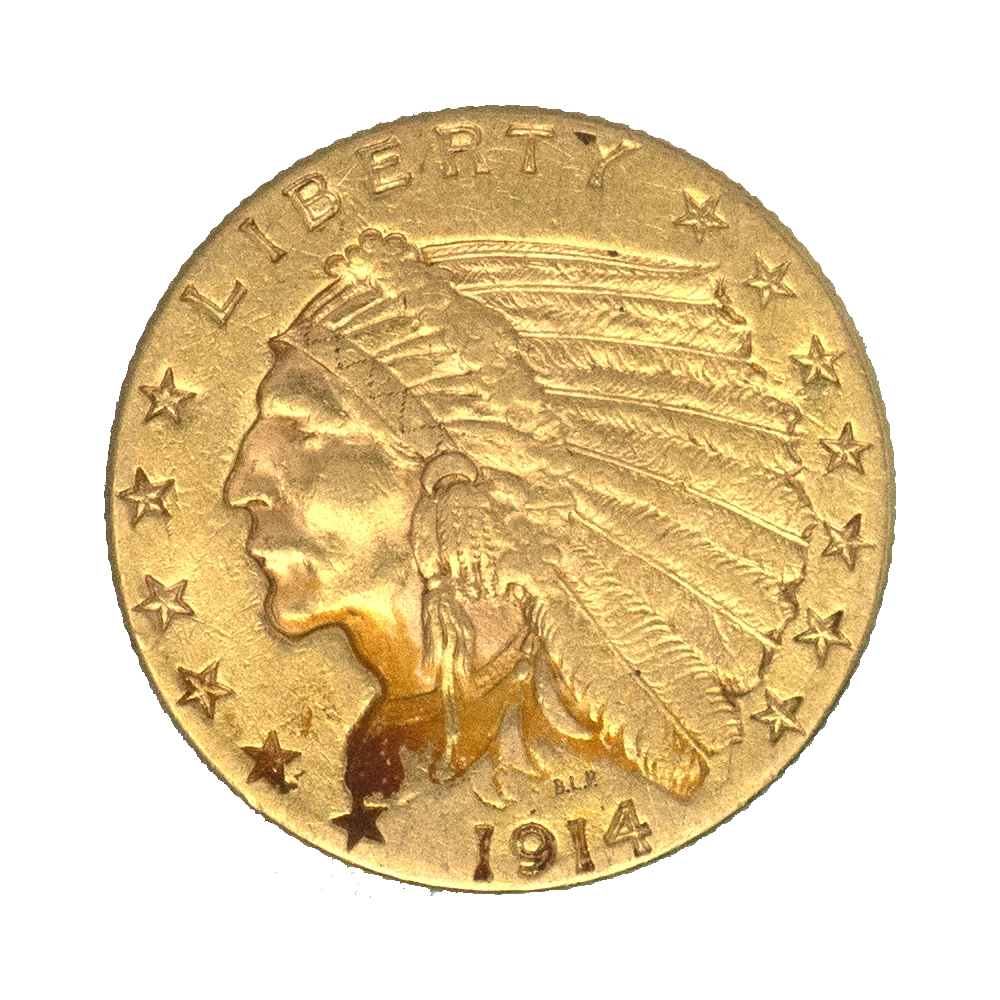 Pièce de monnaie : Etats-Unis- 2,5 dollars tête d'indien 1914 Philadelphie