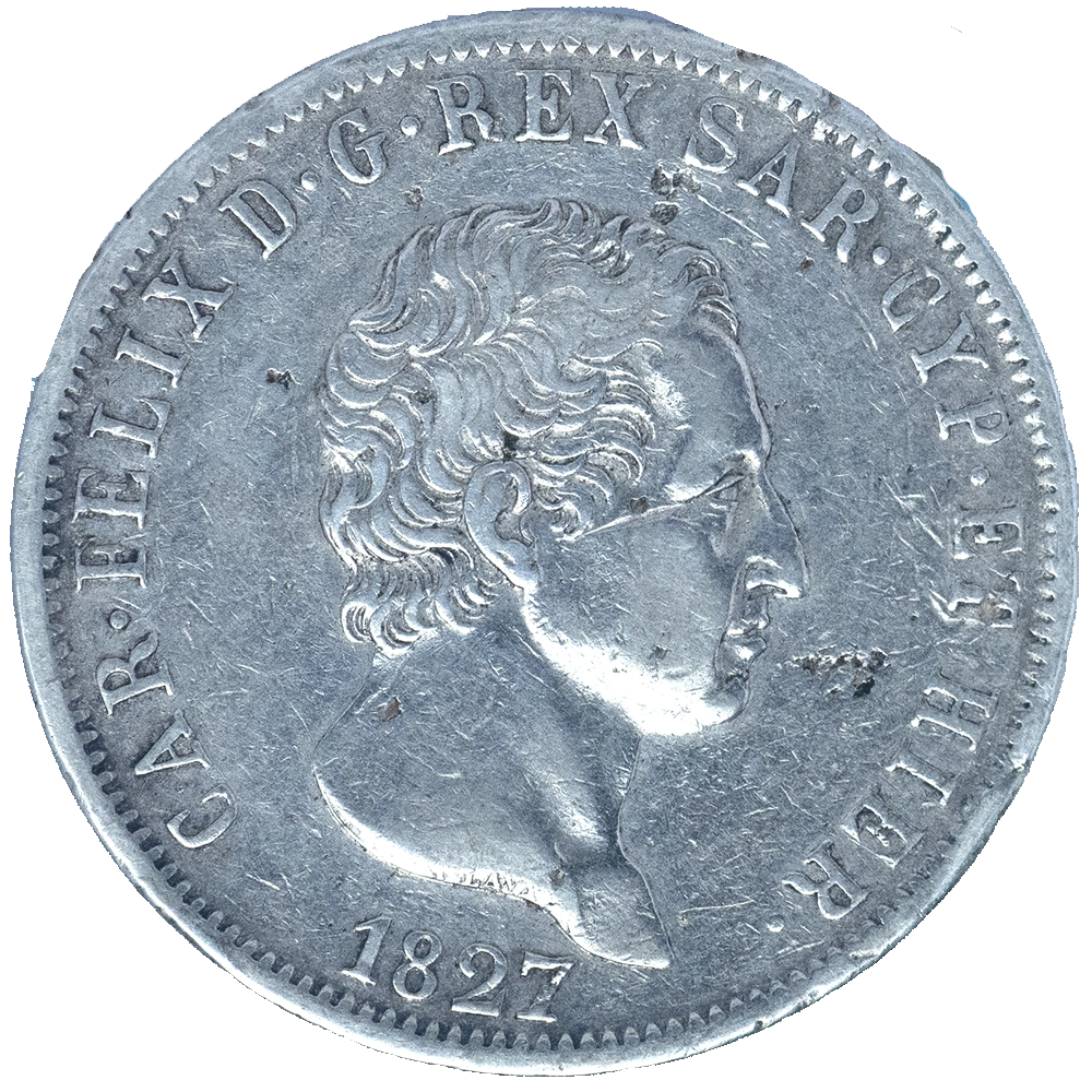 Pièce de monnaie : Italie-Royaume de Sardaigne-5 lire Charles Félix 1827 Gênes