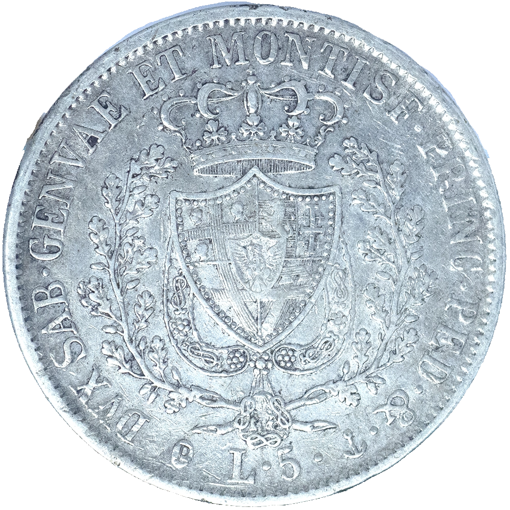 Pièce de monnaie : Italie-Royaume de Sardaigne-5 lire Charles Félix 1827 Gênes