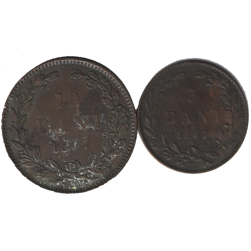 Pièces de monnaies : Roumanie lot 5 et 10 Bani 1867 Heaton