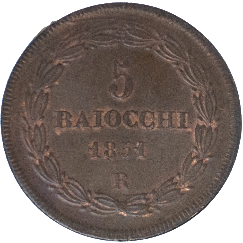 Pièce de monnaie : Italie Etats du Pape - Pie IX (Jean-Marie Mastai Ferretti) 5 Baiocchi an VI 1851 Rome