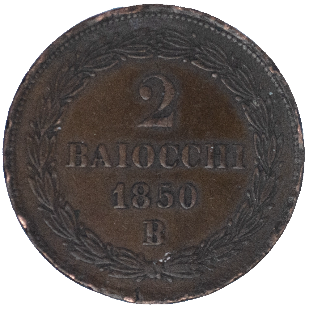 Pièce de monnaie : Vatican et États Pontificaux 2 Baiocchi frappe au nom de Pie IX an V 1850 Rome