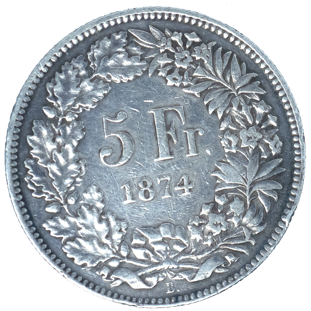 Pièce de monnaie : Suisse 5 francs Helvétia assise 1874 Bruxelles