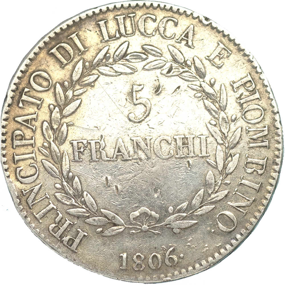 Pièce de monnaie : Italie-Principauté de Lucques et Piombino-5 Franchi 1806 Florence