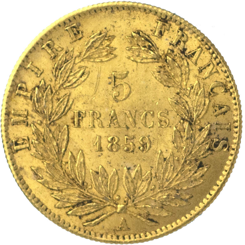 Pièce de monnaie : Second-Empire-5 Francs or Napoléon III tête nue 1859 Paris