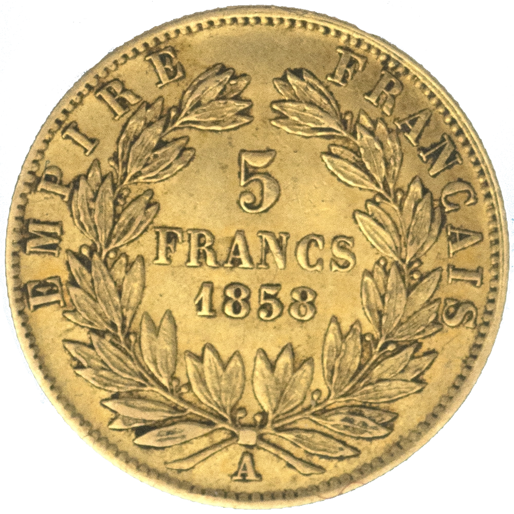 Pièce de monnaie : Second-Empire-5 Francs or Napoléon III tête nue 1858 Paris