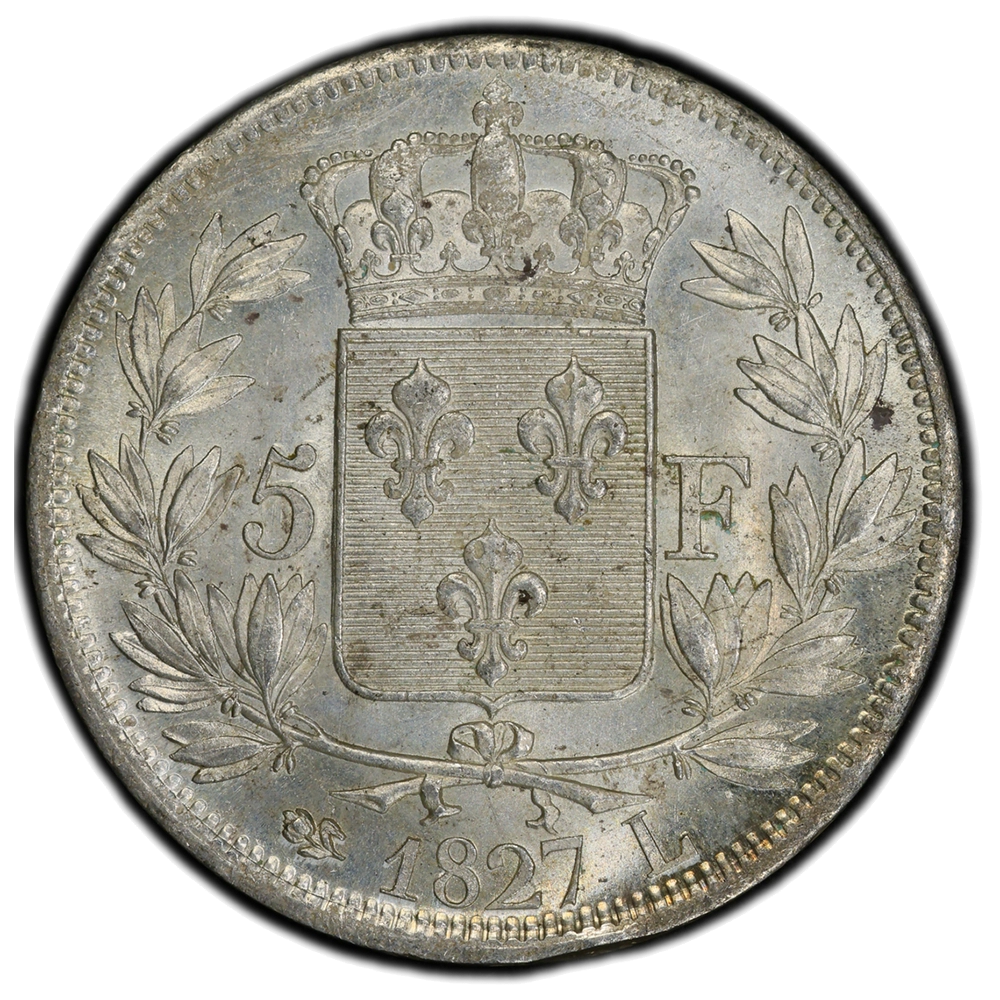 Pièce de monnaie gradée PCGS MS63-Charles X-5 Francs 1827 Bayonne