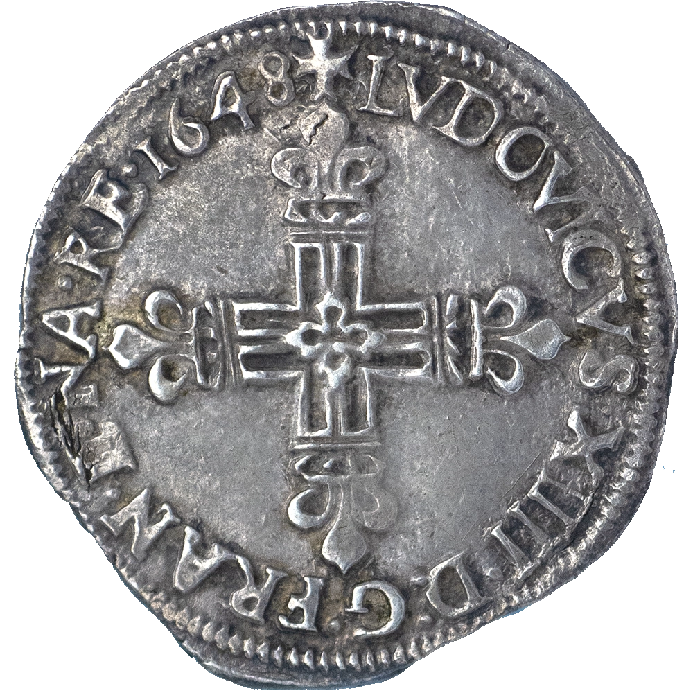 Pièce de monnaie : Louis XIV- Quart d'écu à la croix fleurdelisée 1648 Bayonne