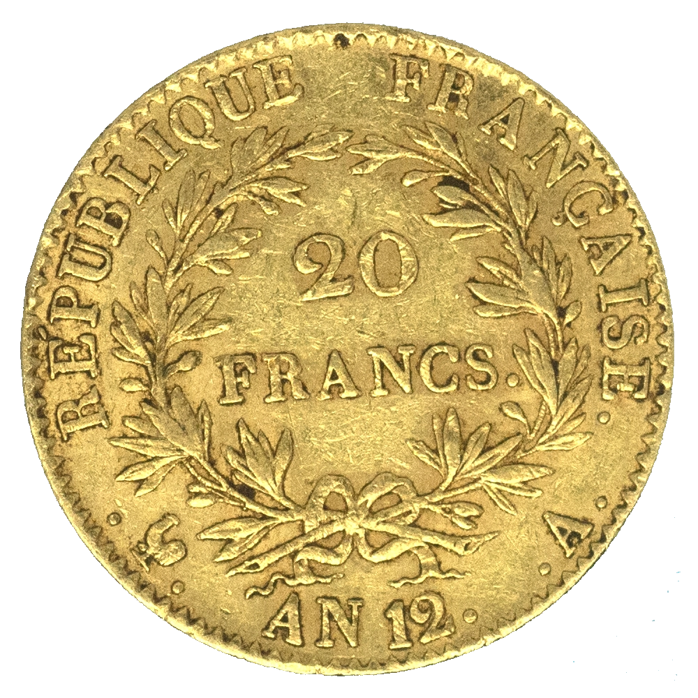 Pièce de monnaie : Premier-Empire-20 Francs Napoléon Ier tête nue an 12 (1804) Paris