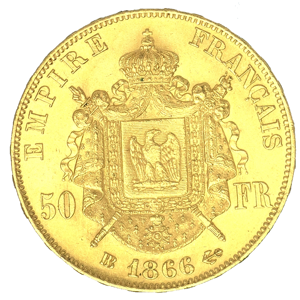 Pièce de monnaie : Second-Empire-50 Francs Napoléon III Tête laurée 1866 Strasbourg