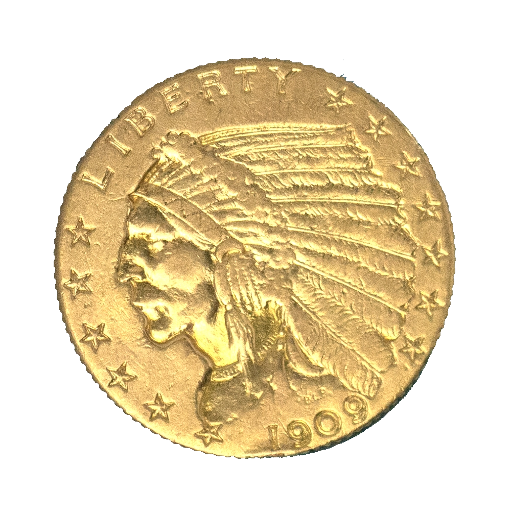 Pièce de monnaie : Etats-Unis- 2,5 dollars tête d'indien 1909 Philadelphie