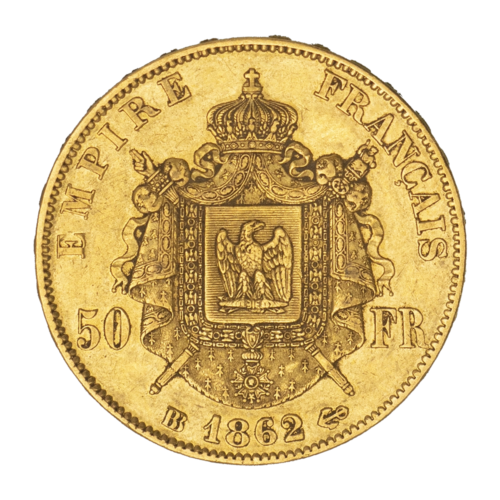 Pièce de monnaie : Second-Empire-50 Francs Napoléon III Tête laurée 1862 Strasbourg.