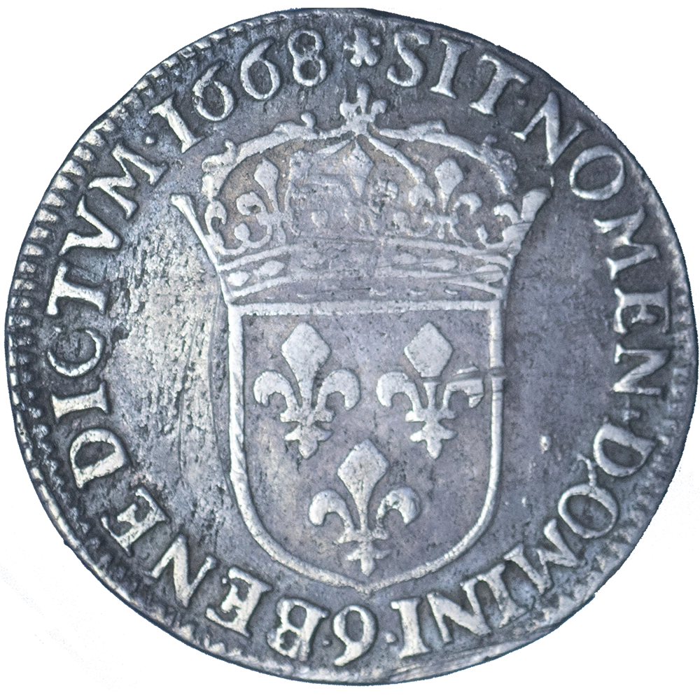 Pièce de monnaie : Louis XIV-Quart d'Écu au buste juvénile 1668 Rennes