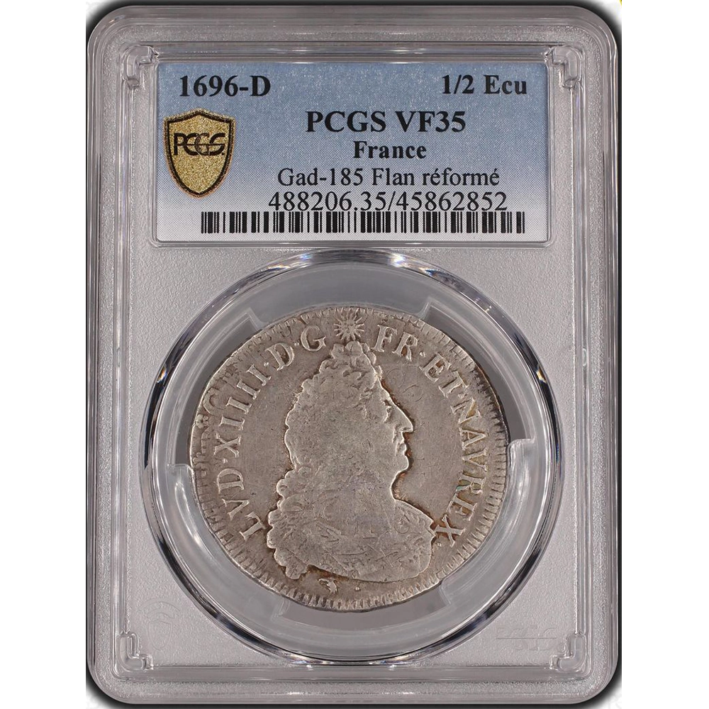 Pièce de monnaie gradée PCGS VF35-Louis XIV-Demi-Écu réformé aux palmes 1696 Lyon
